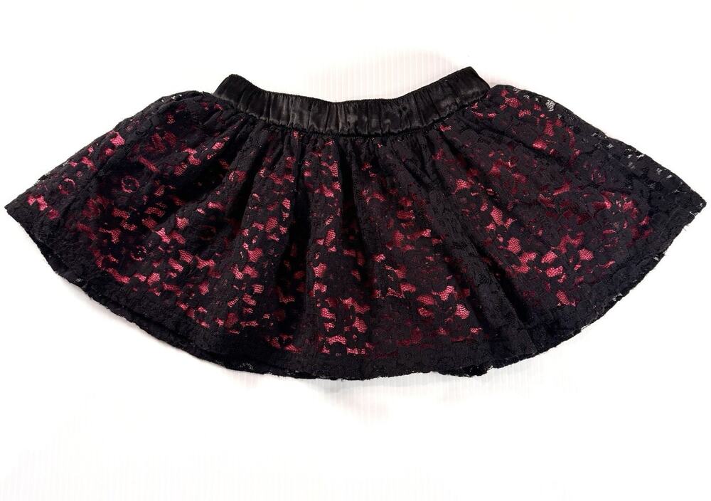 Amy Coe Girls Black Lace Skirt 24M 2T Pink Satin Lined Elastic Waist Toddler